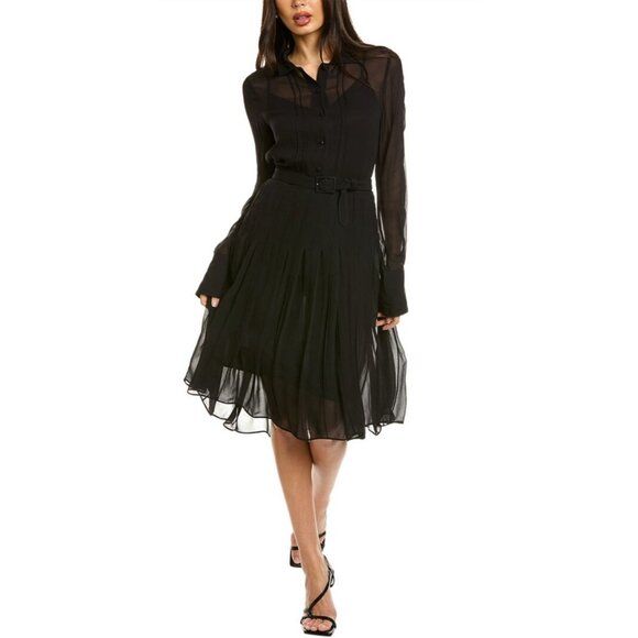 NWT Rag & Bone Black Whimsy Sheer Pleated Button Front Midi Shane Dress Size 8 - Picture 1 of 16